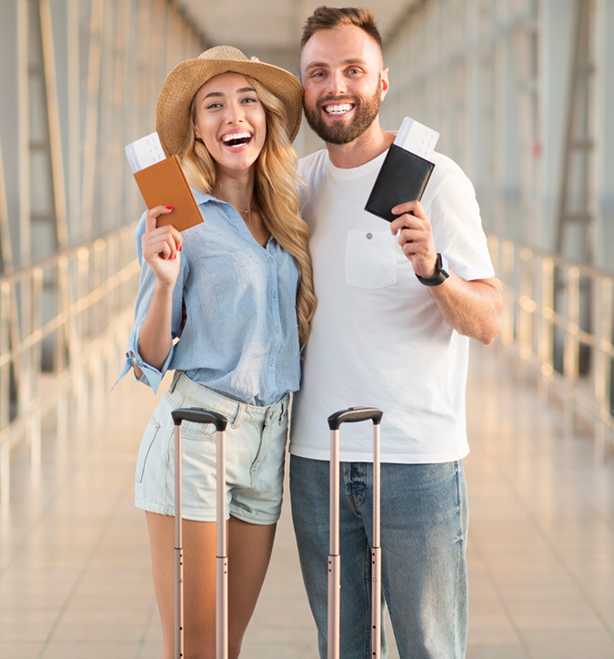 Couple traveling with new passports